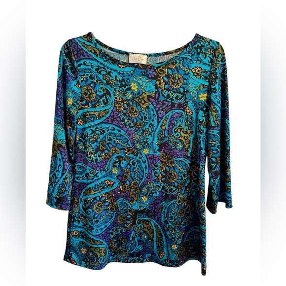 Jon Den Vibrant Paisley Blouse Womens Small Blue & Purple 3/4 Bell Sleeve Lovely - Picture 2 of 16